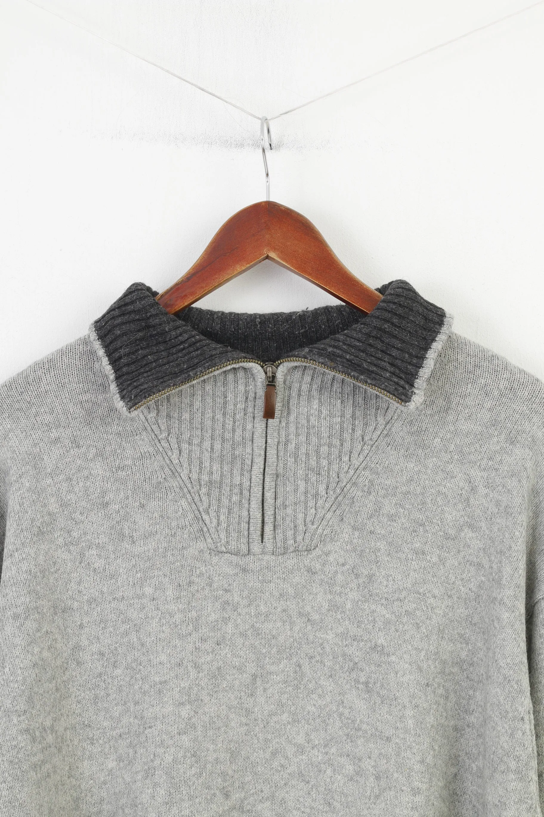 Gant Men XL Jumper Grey Cotton Wool Blend Soft Sweater Zip Neck Collar Vintage Top