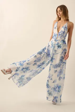 Garden Light Floral Chiffon Wide-Leg Cami Jumpsuit