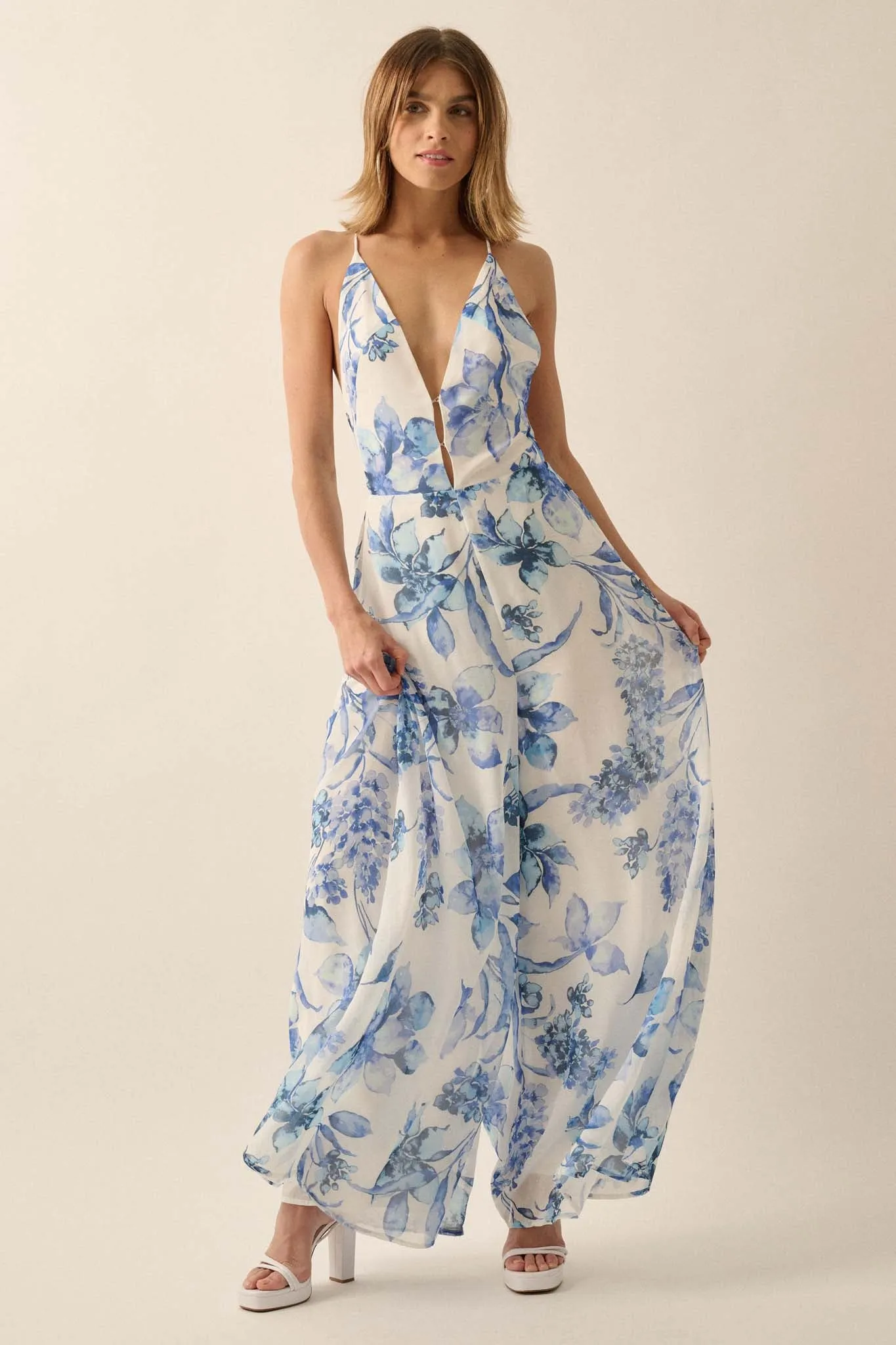 Garden Light Floral Chiffon Wide-Leg Cami Jumpsuit