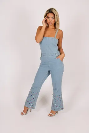 Gemstone Denim Jumpsuit With Kickflare And Gemstones