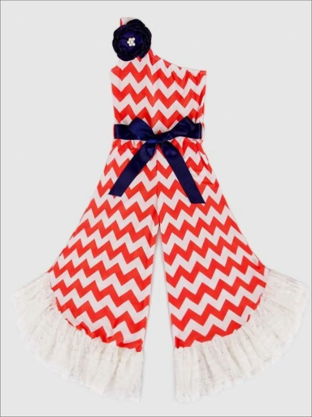 Girls Chevron Print One Shoulder Ruffled Palazzo Jumpsuit