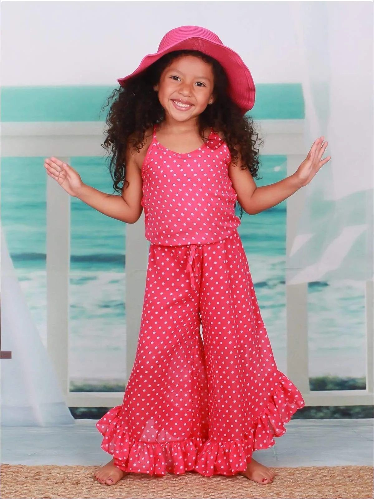 Girls Polka Dot Drawstring Ruffled Palazzo Jumpsuit