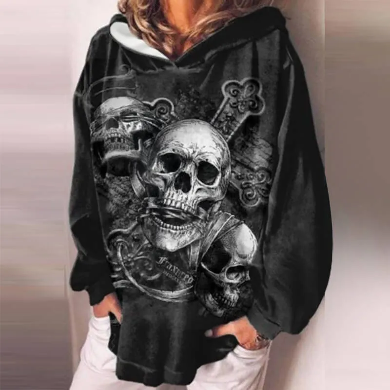 Gothic Skull Print Pullover Hoodie