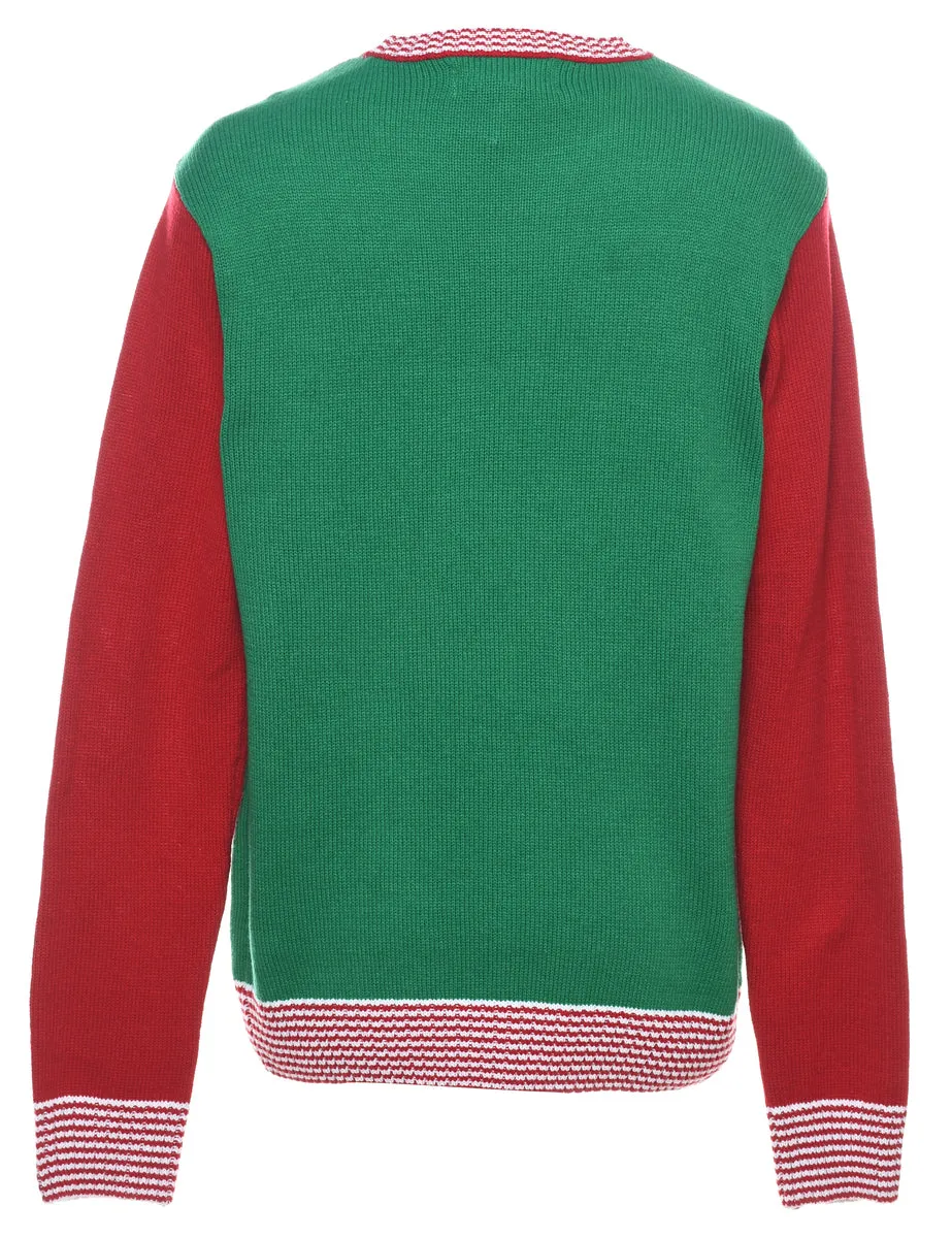 Green & Red Santa Design Christmas Jumper - M