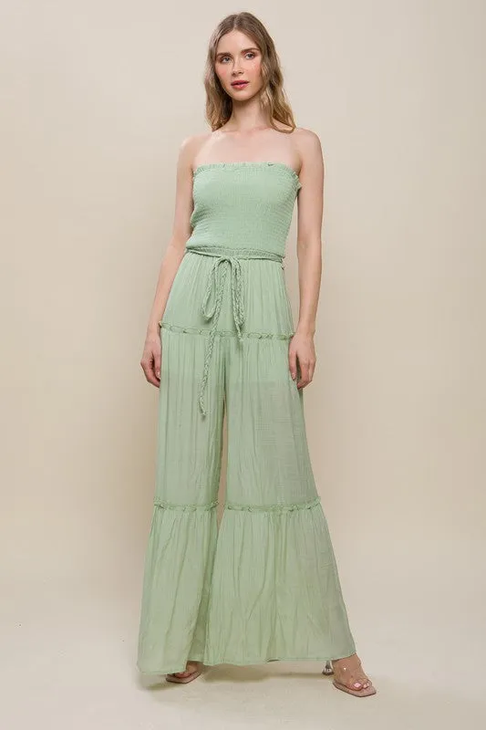 Green Woven Solid Sleeveless Smocked Ruffle Jumpsuit