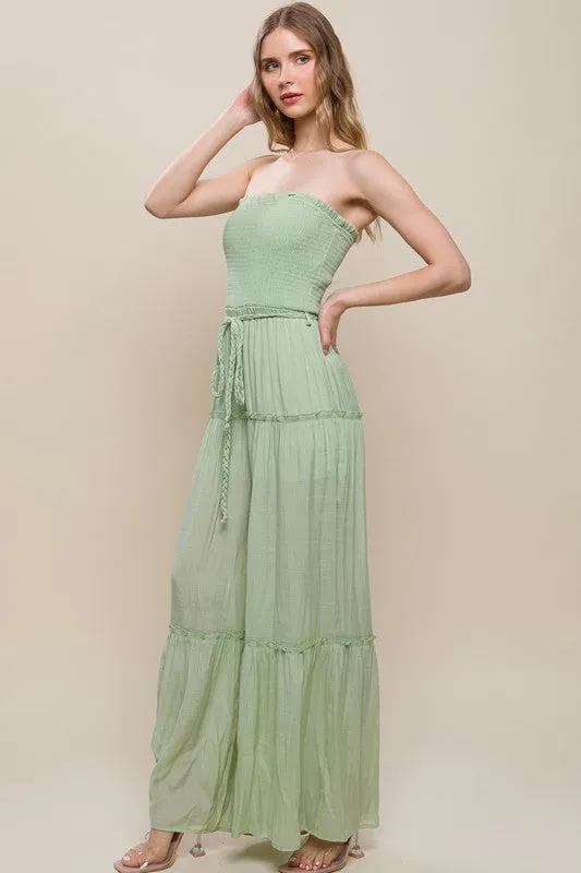 Green Woven Solid Sleeveless Smocked Ruffle Jumpsuit