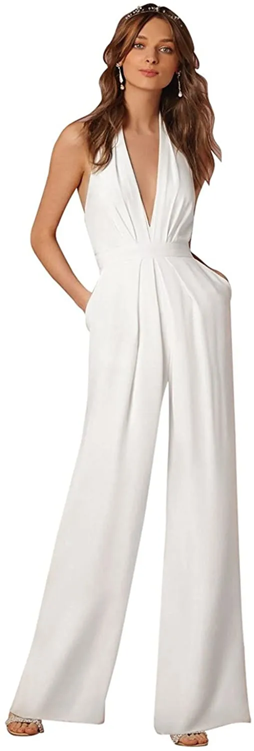 Halter Deep V-Neck White High Waisted Wide Leg Jumpsuit