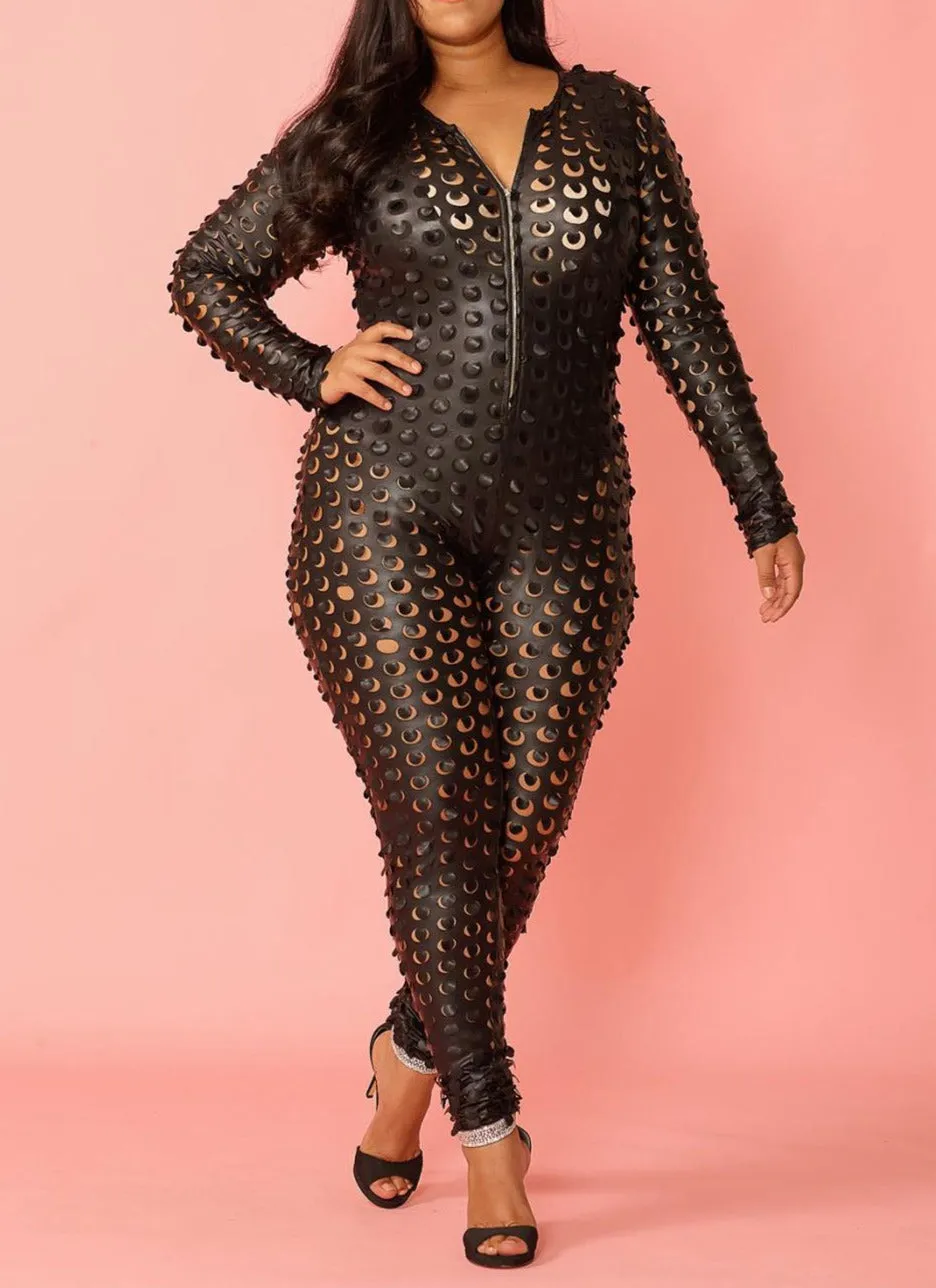 Hi Curvy Plus Size Women Faux Leather Cutout Sexy Jumpsuit