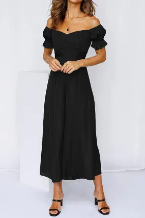 High Waist Black Palazzo Puff Sleeve Sweetheart Jumpsuit