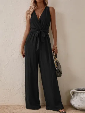 Honey Tied Surplice Sleeveless Wide Leg Jumpsuit