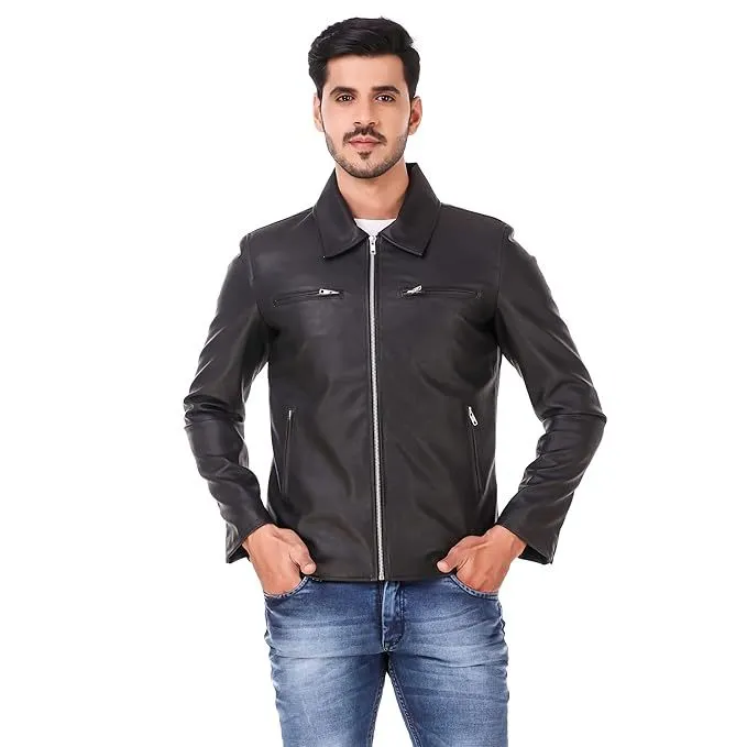 Hooded Faux Leather Biker Jacket for Men with Zip Style Collar