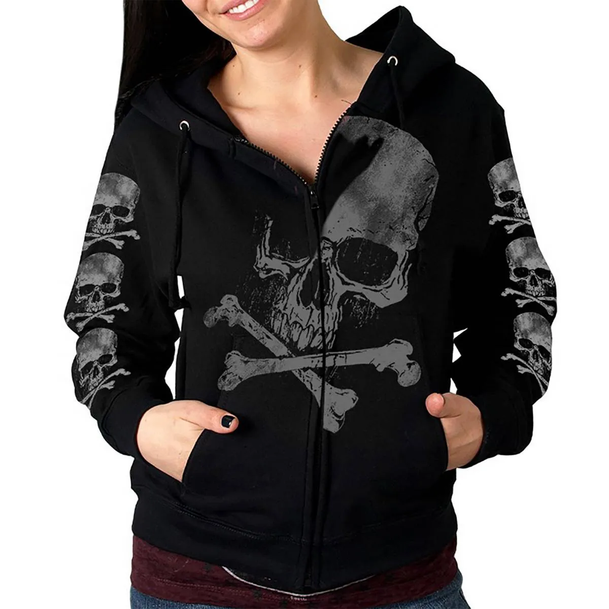 Hot Leathers GLZ4572 Ladies Black Zipper Hoodie w/ Gray X Bones Print Artwork