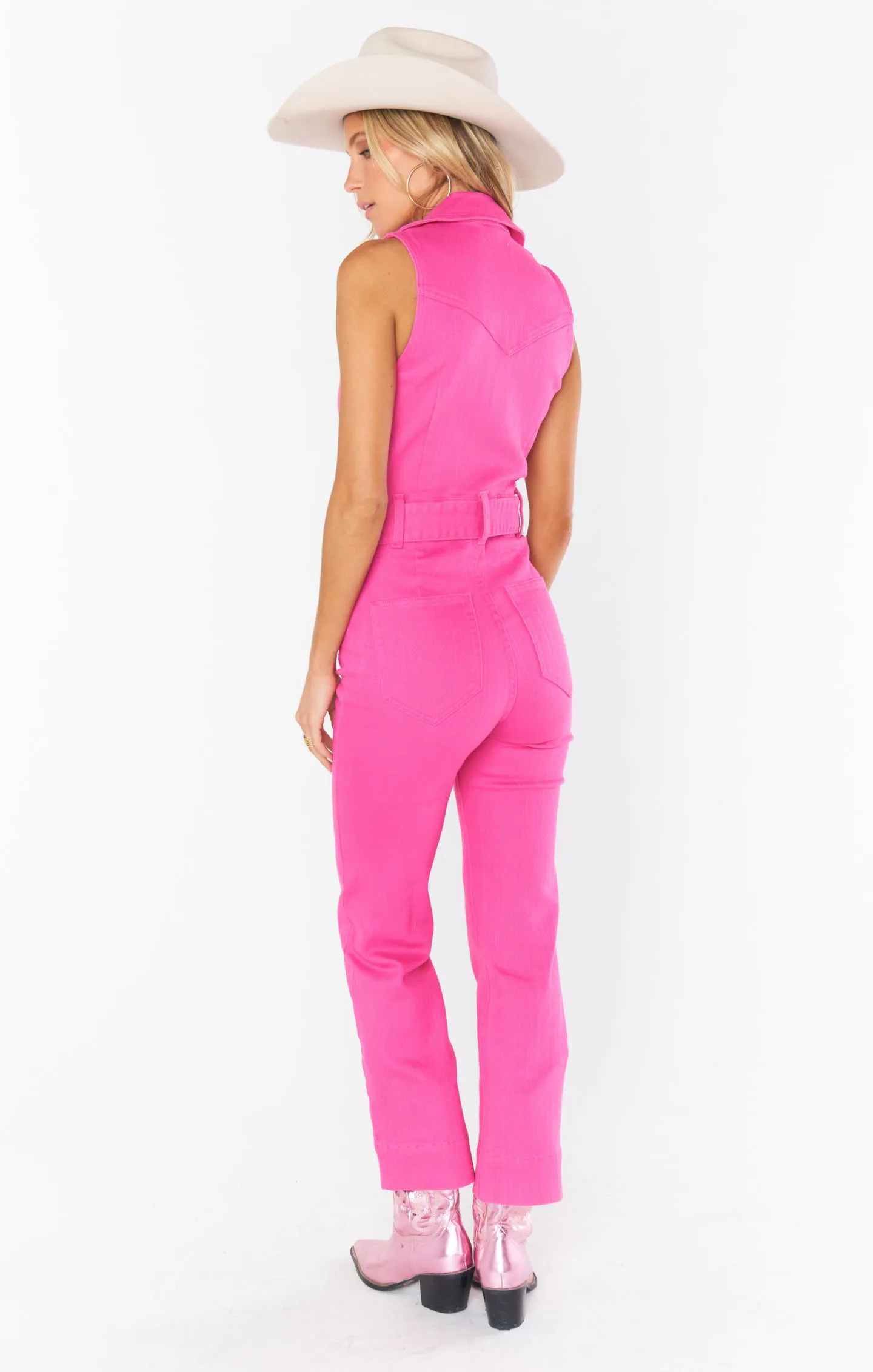 Jacksonville Cropped Jumpsuit ~ Hot Pink Denim