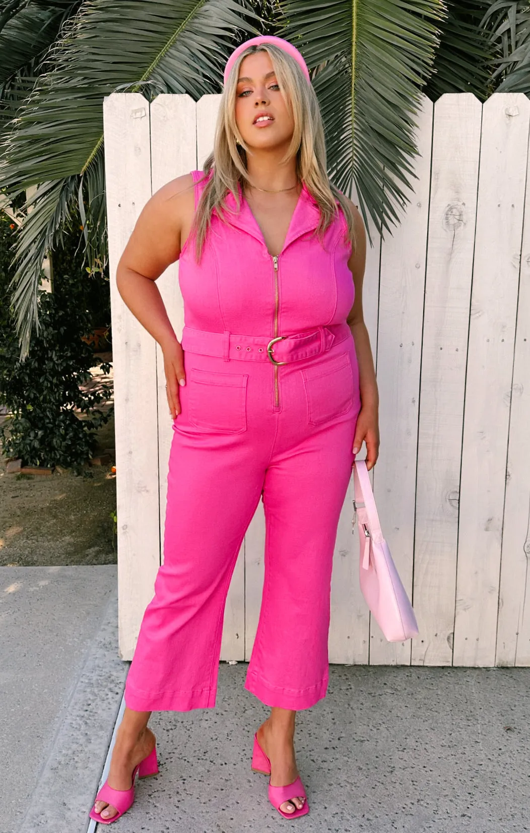 Jacksonville Cropped Jumpsuit ~ Hot Pink Denim