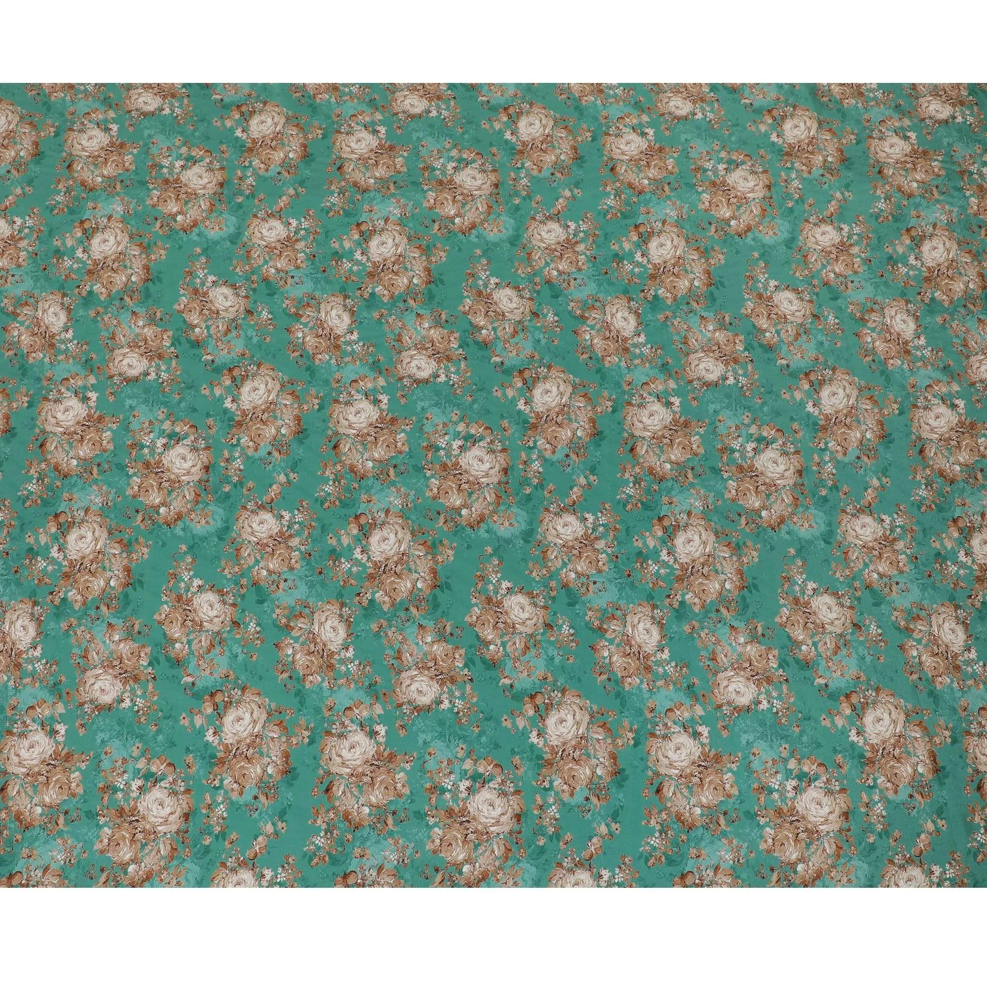 Jade green viscose cotton fabric with multicolor print in floral design-D15836