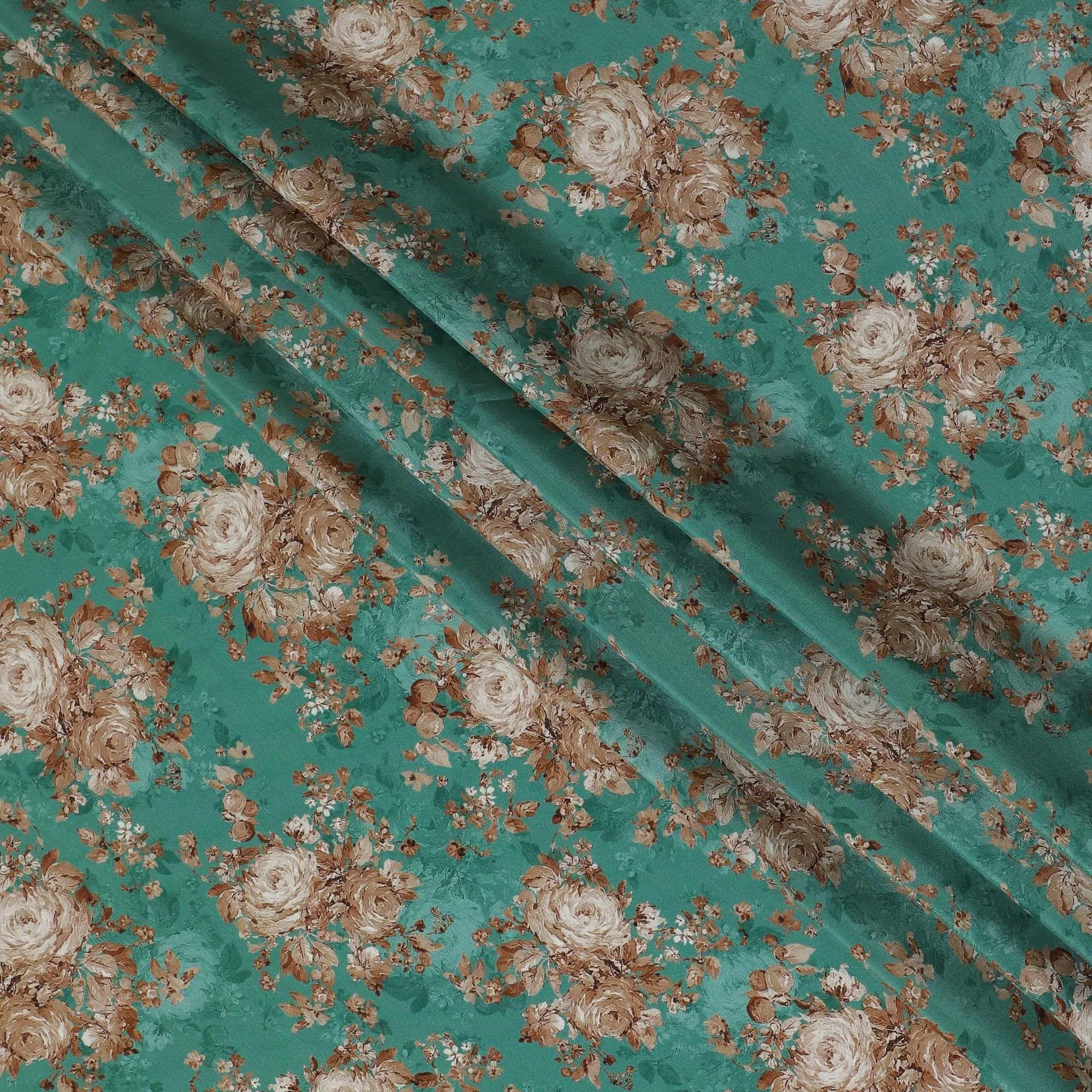 Jade green viscose cotton fabric with multicolor print in floral design-D15836