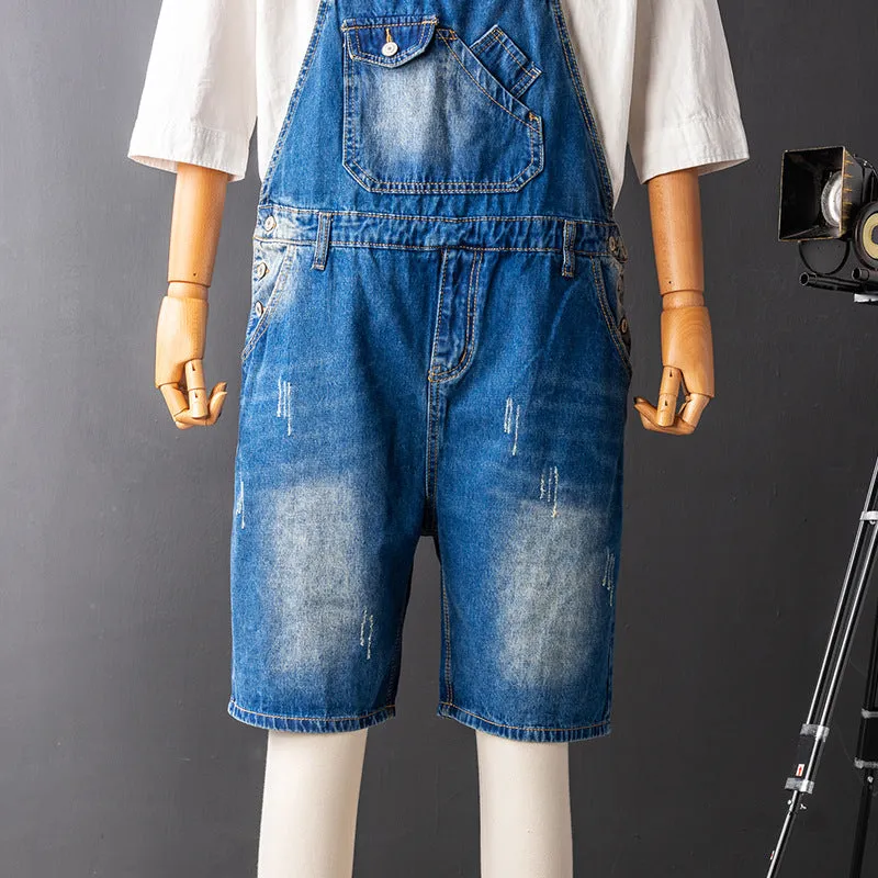 Japanese Retro Ripped Denim Jumpsuit Shorts Above Knee Length Rompers