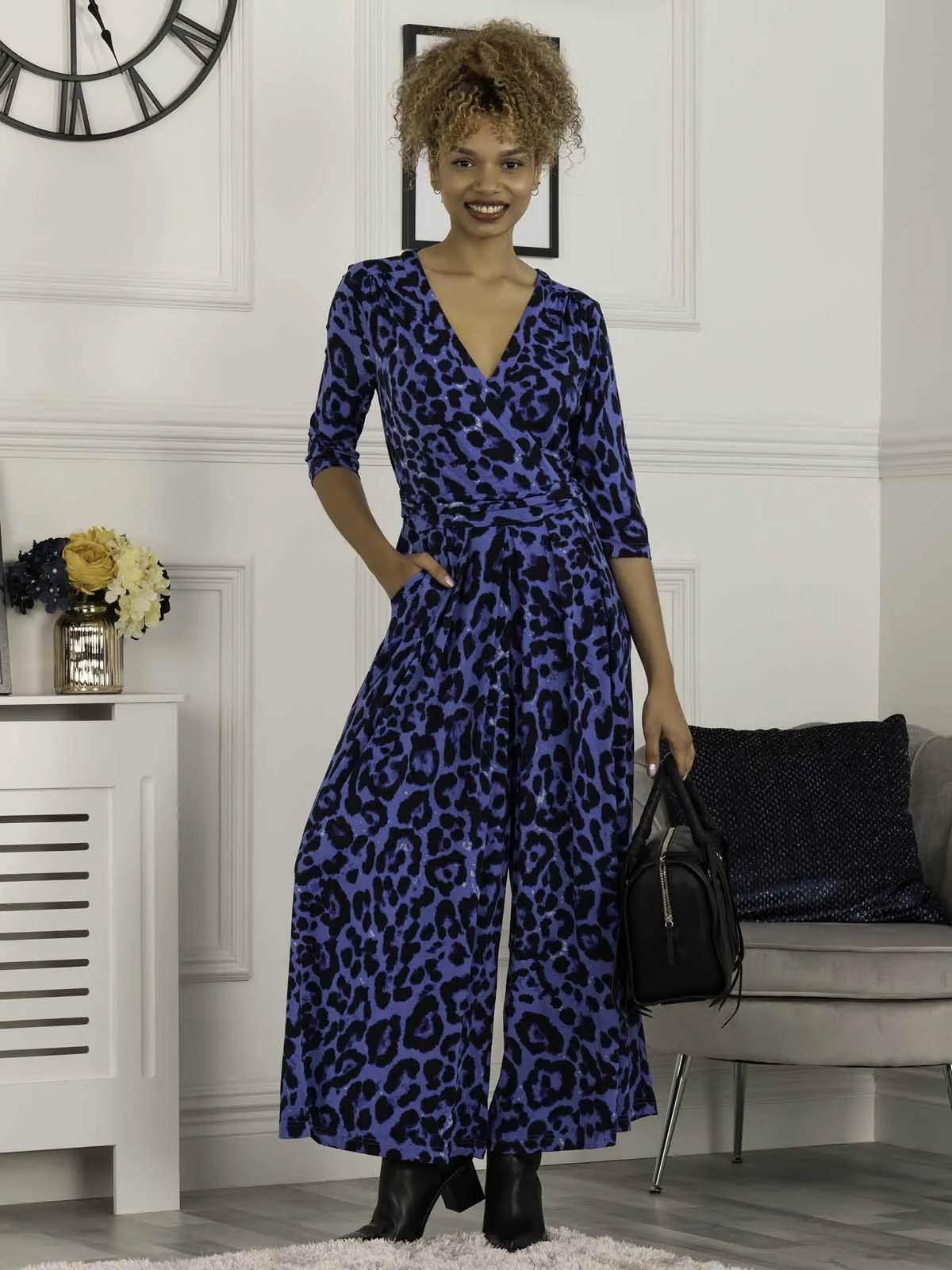 Jolie Moi Luise Print Wrap Jumpsuit, Blue Animal