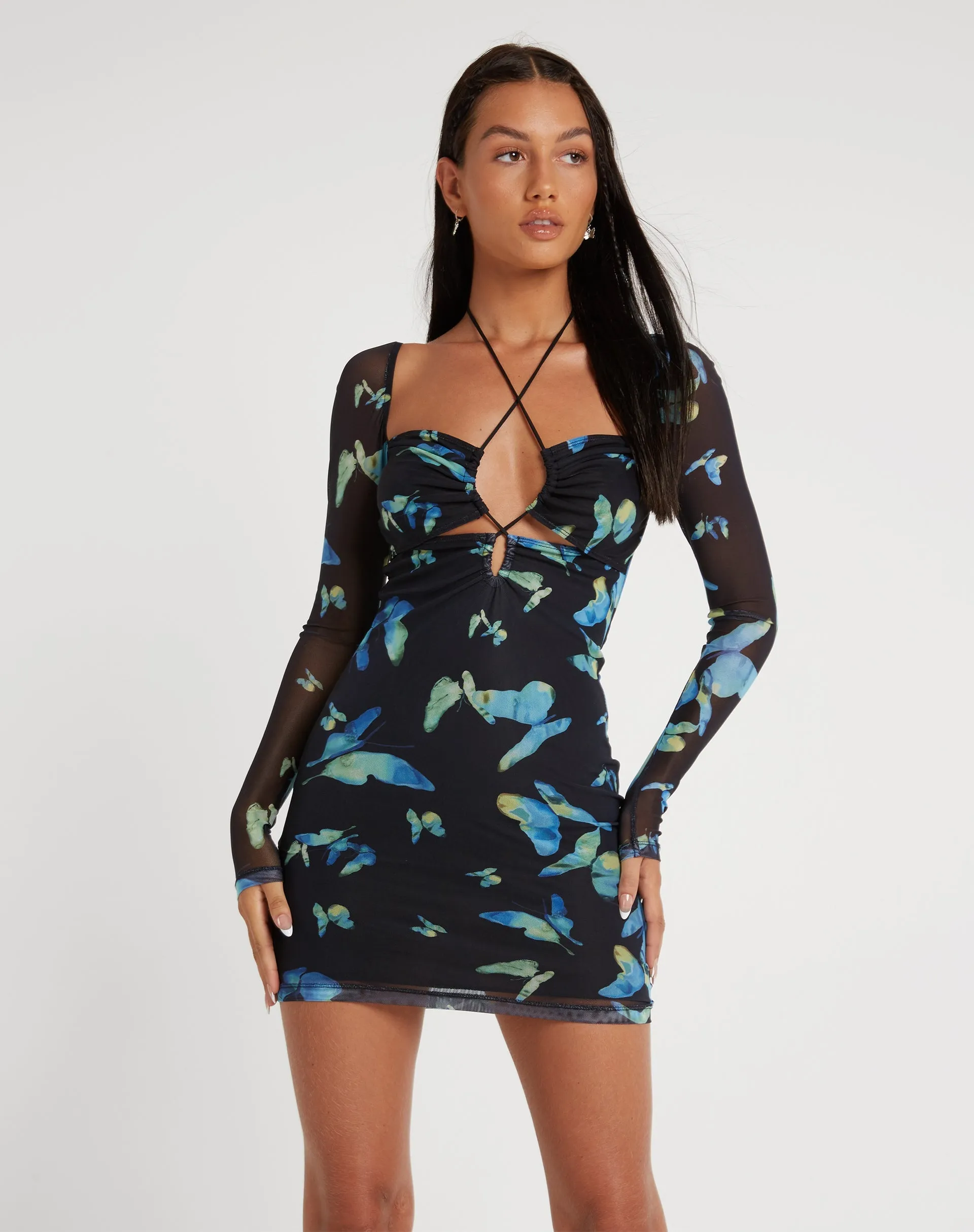 Juleha Mini Dress in Butterfly Watercolour Black