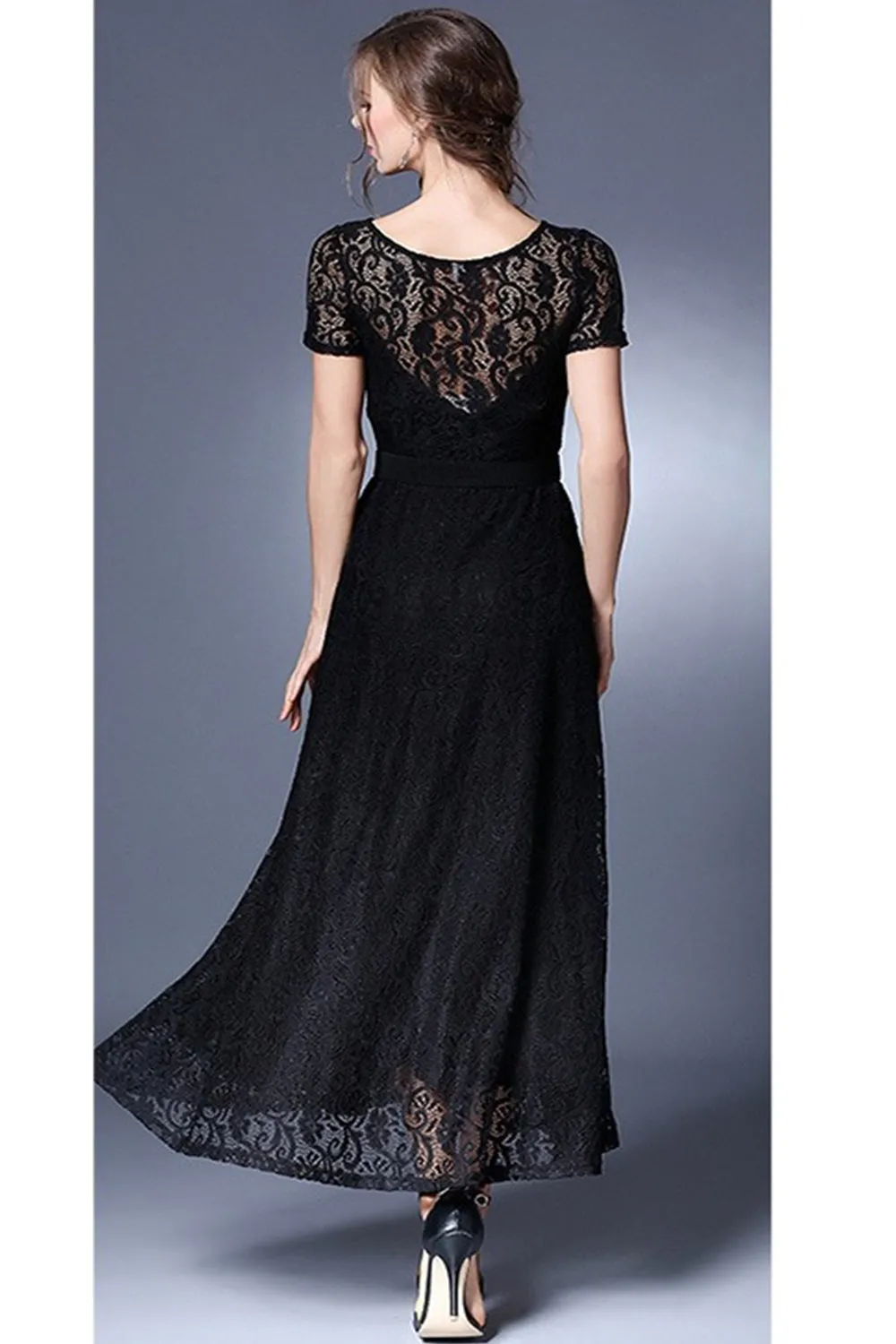 Ketty More Women Long Belt Fasten Lace Covered Party Dress-KMWD884