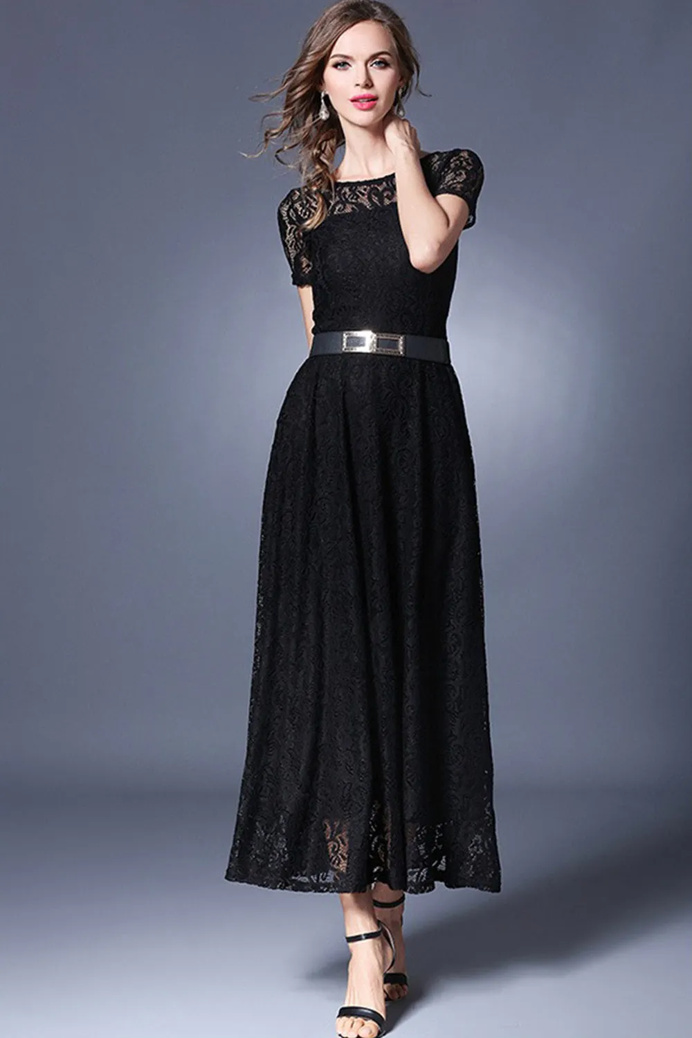 Ketty More Women Long Belt Fasten Lace Covered Party Dress-KMWD884