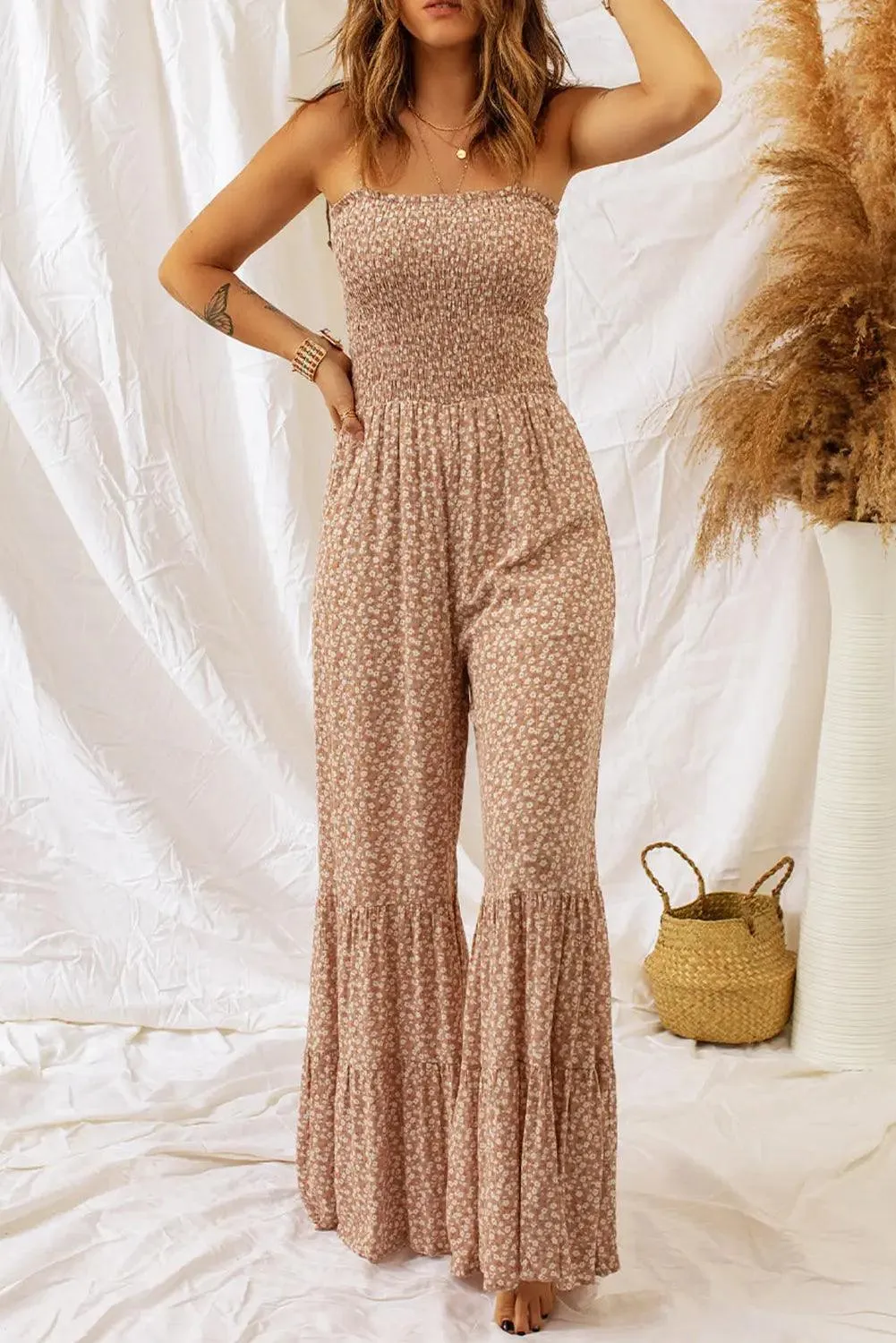 Khaki Floral Thin Smocked Bodice Wide Leg Jumpsuit