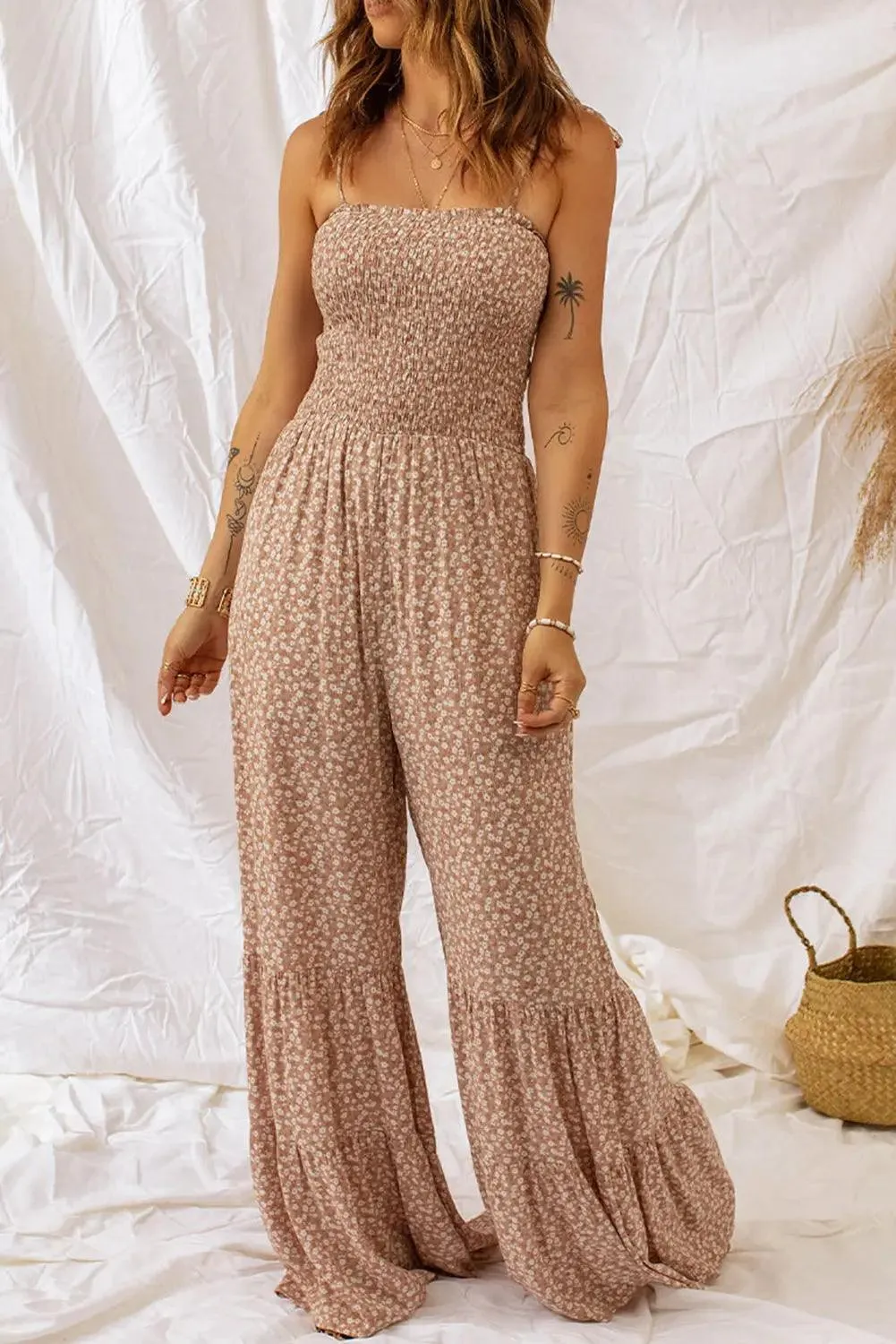 Khaki Floral Thin Smocked Bodice Wide Leg Jumpsuit