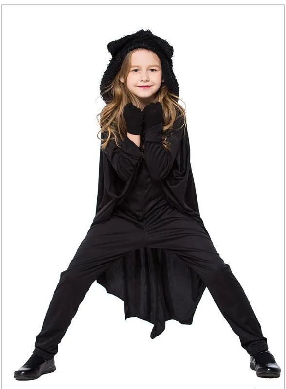 Kids Halloween Costume - Black Bat Wings Hooded Cape With Gloves