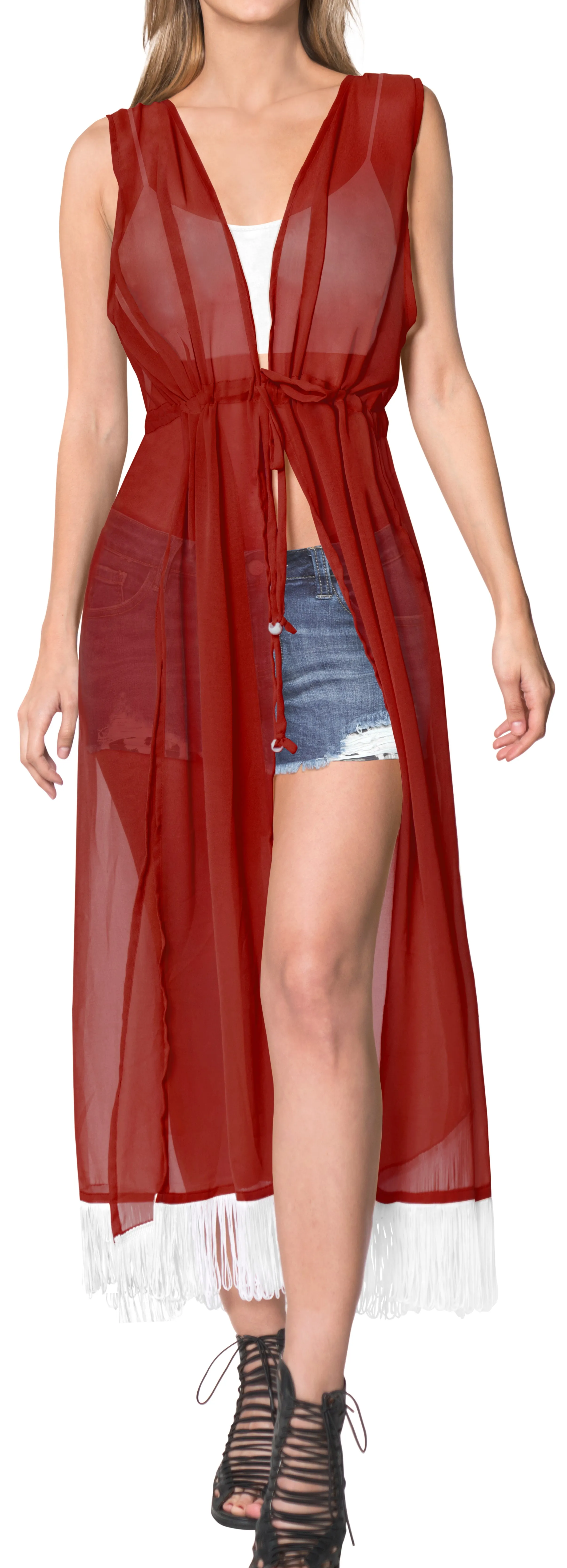 LA LEELA Kimono Cardigan Bikini Cover up jacket loose Blouse Cover Up Blood Red_B806