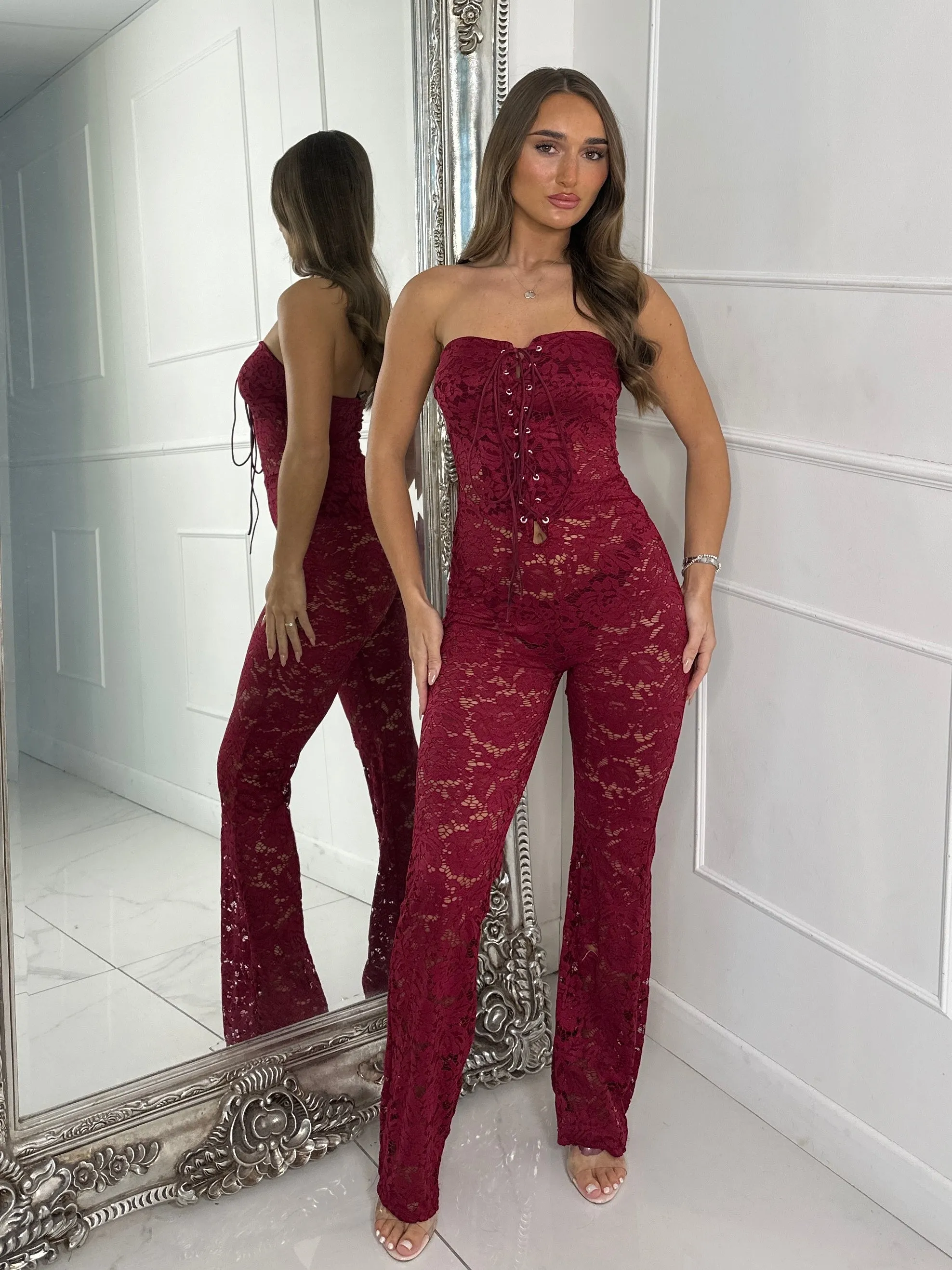 Lace Up Detail Jumpsuit - Wine