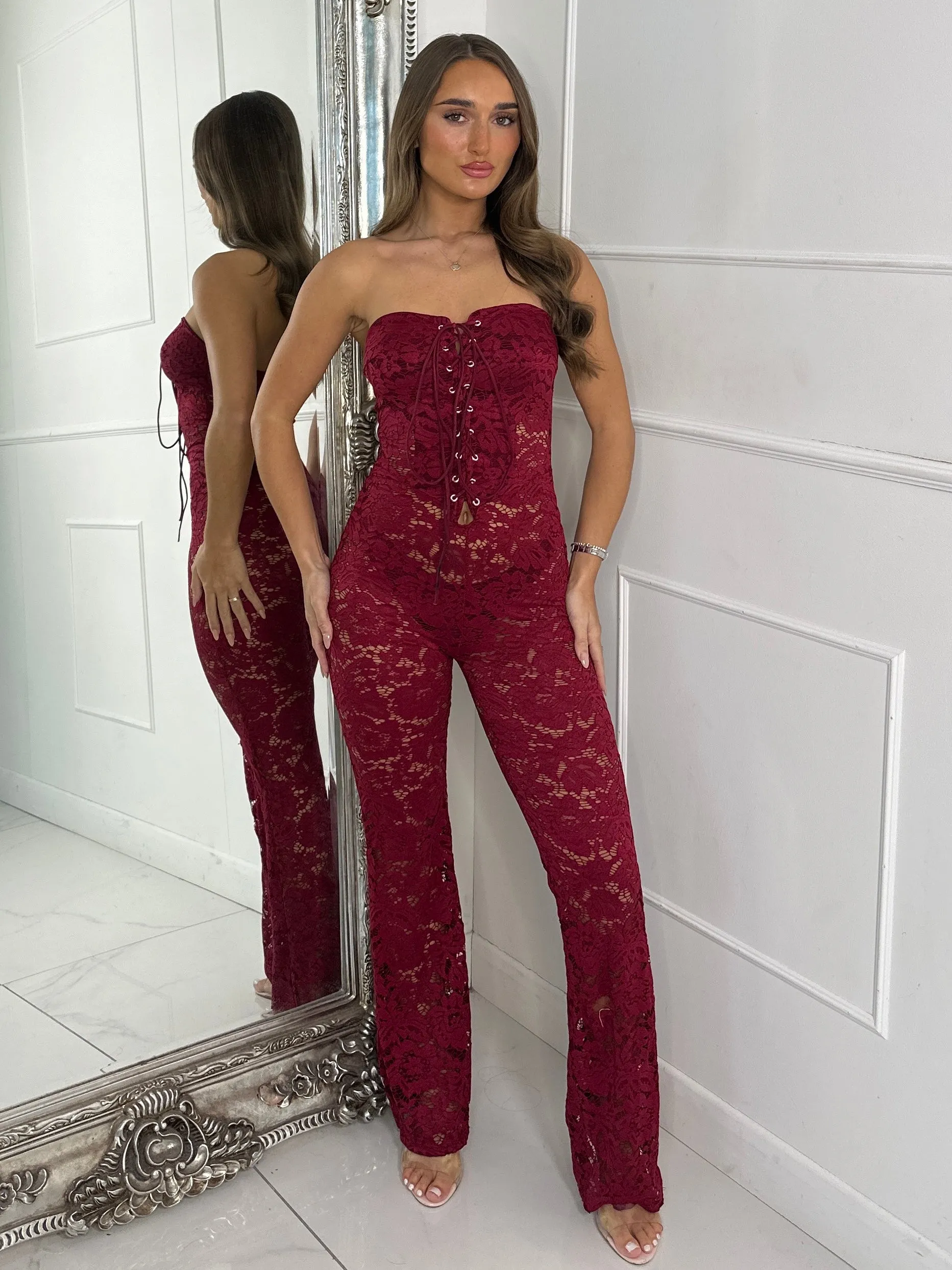 Lace Up Detail Jumpsuit - Wine