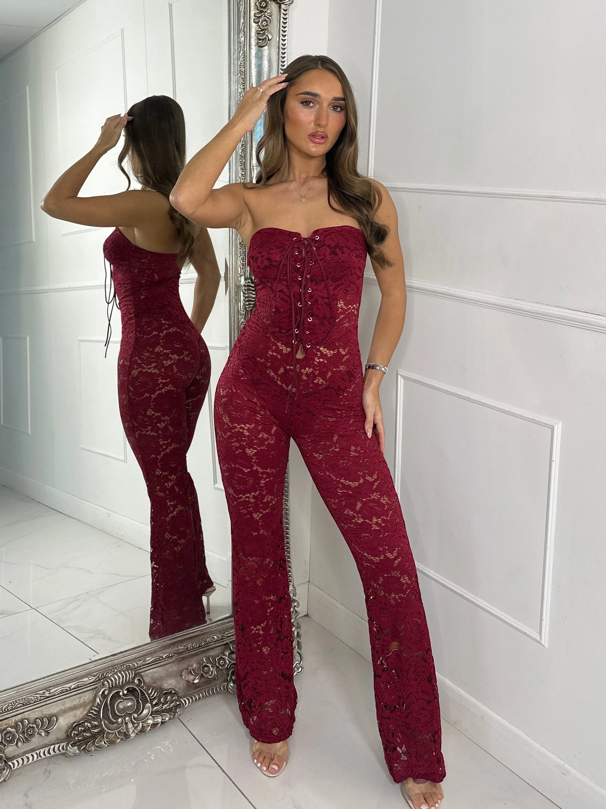 Lace Up Detail Jumpsuit - Wine