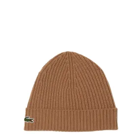 Lacoste Unisex Ribbed Wool Beanie Brown