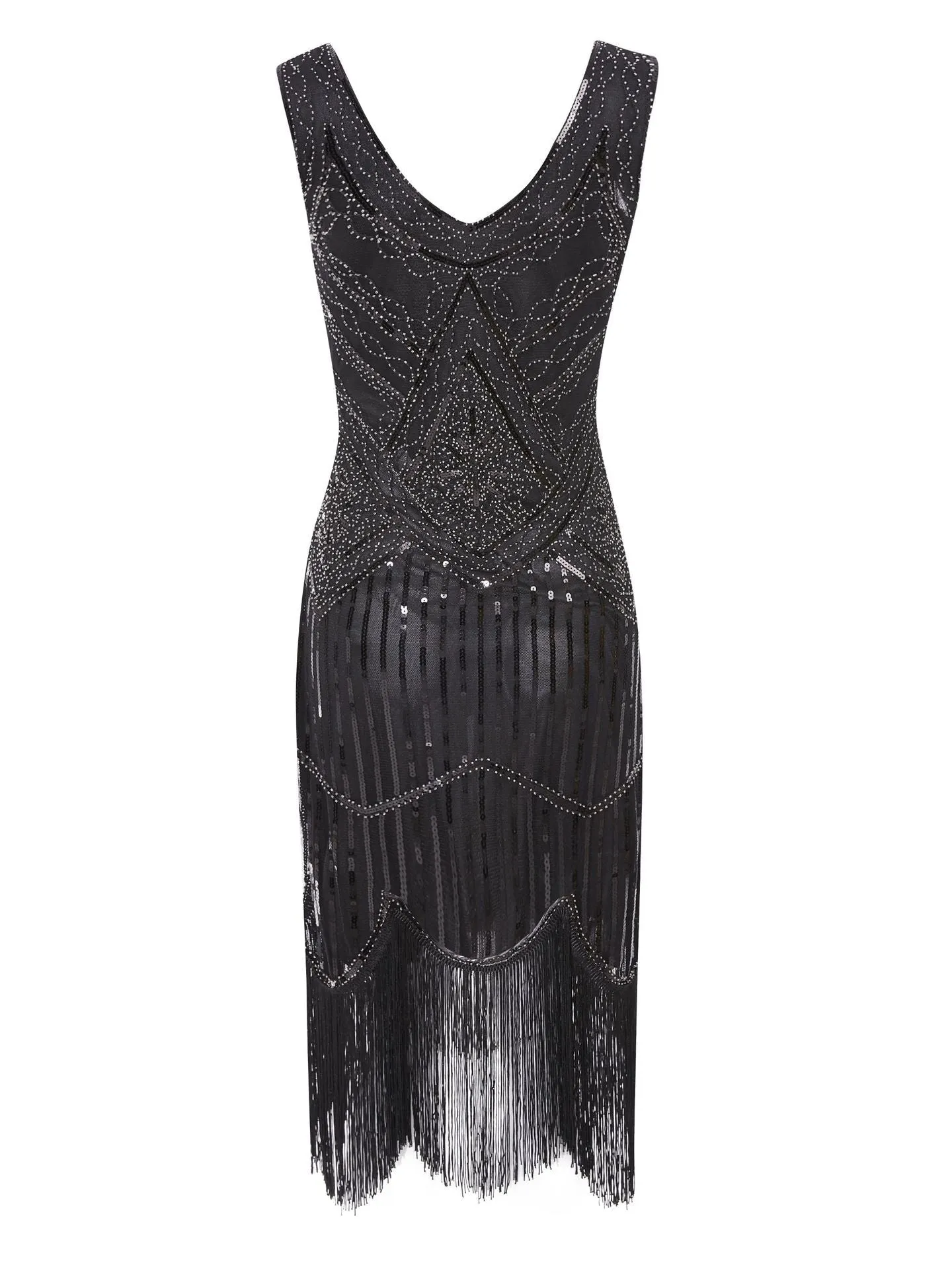 Lady's Vintage 1920s Sequins Beaded Flapper Dresses | Premium V Neck Fringed Dress Banquet Costume Dress