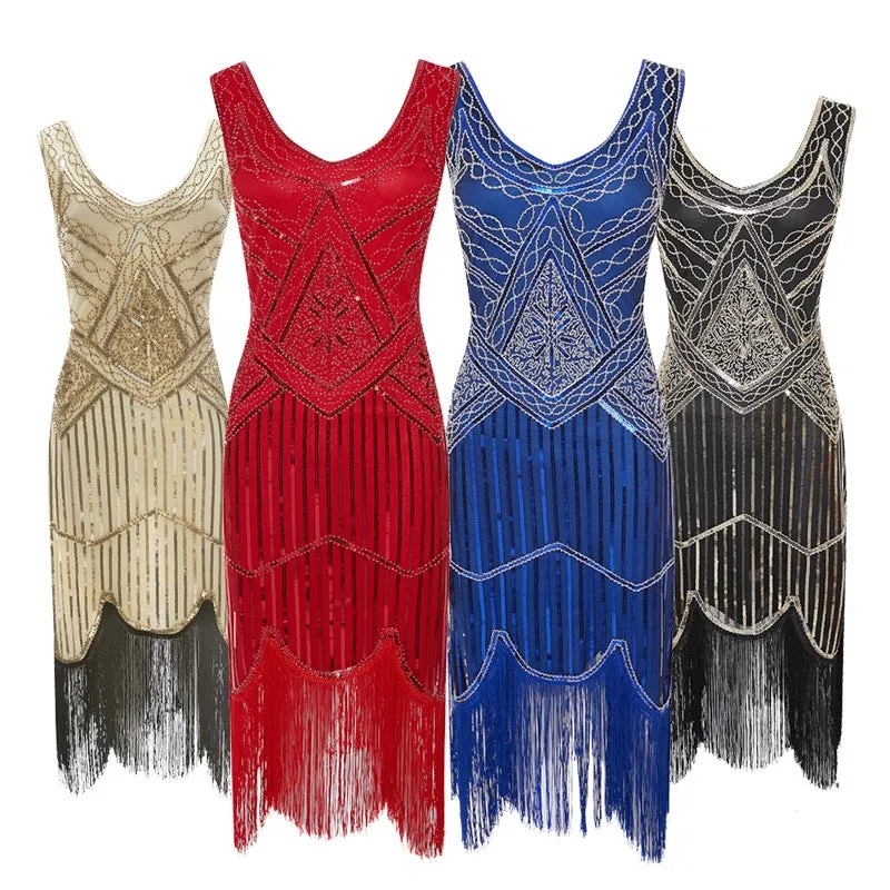 Lady's Vintage 1920s Sequins Beaded Flapper Dresses | Premium V Neck Fringed Dress Banquet Costume Dress