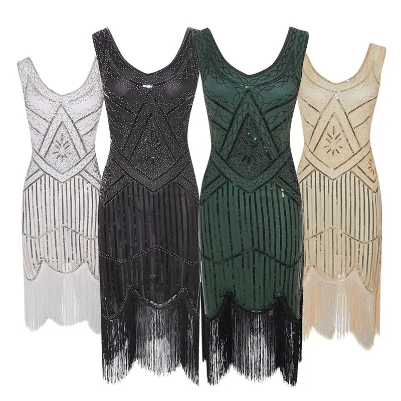 Lady's Vintage 1920s Sequins Beaded Flapper Dresses | Premium V Neck Fringed Dress Banquet Costume Dress