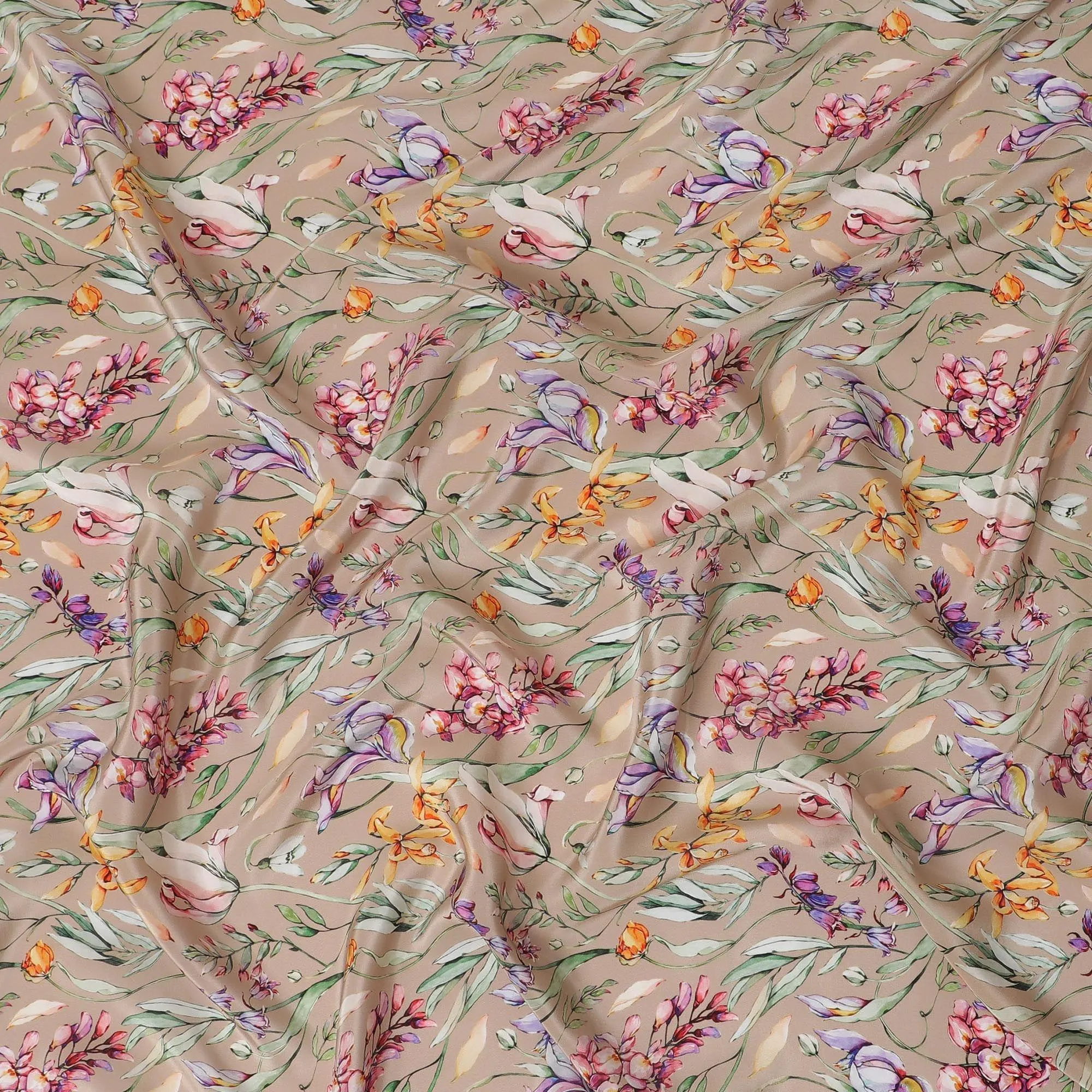 Latte beige viscose fabric with multicolor print in floral design-D12259