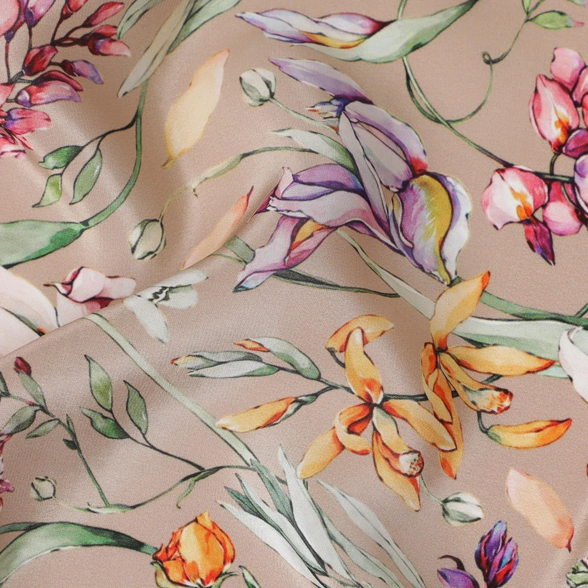 Latte beige viscose fabric with multicolor print in floral design-D12259