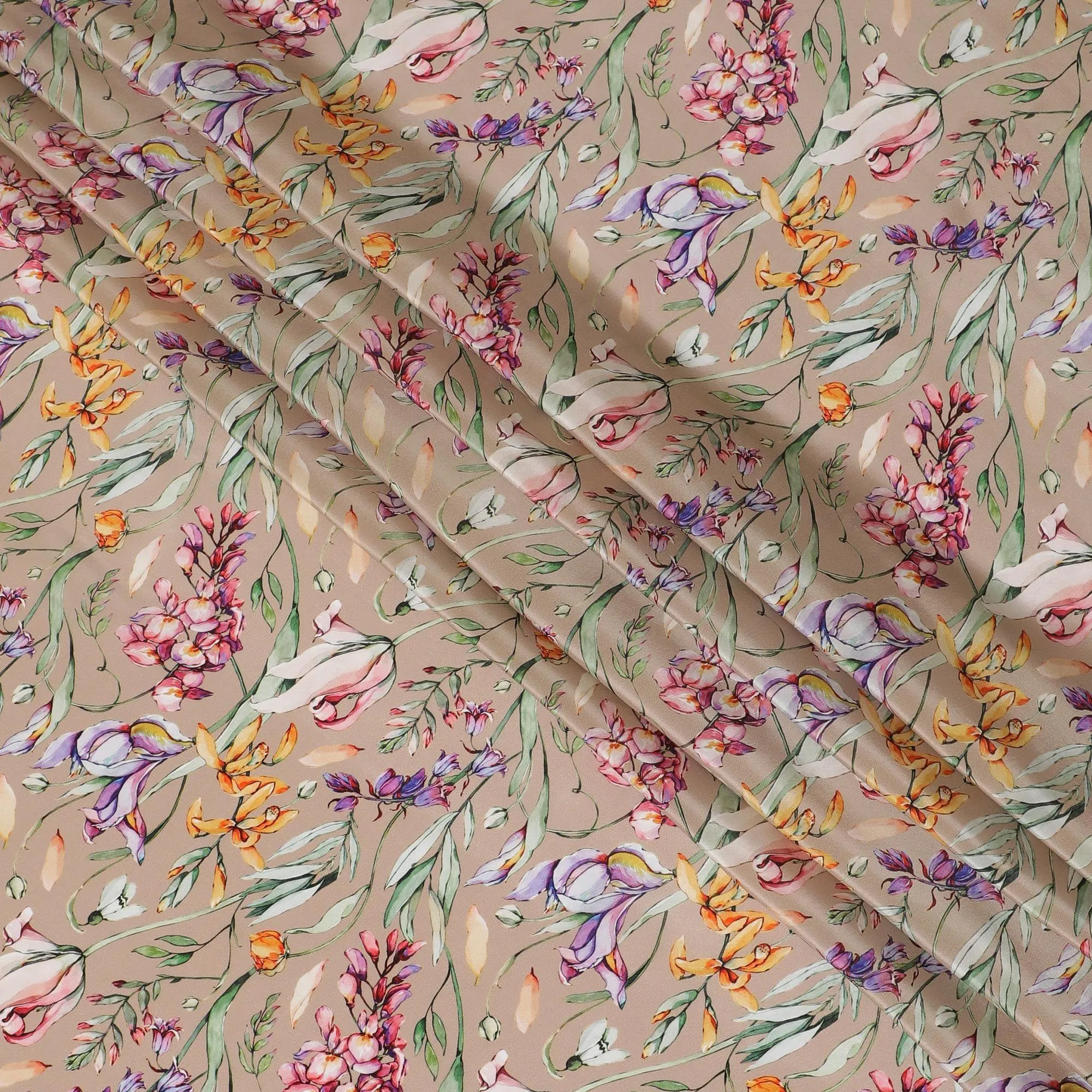 Latte beige viscose fabric with multicolor print in floral design-D12259