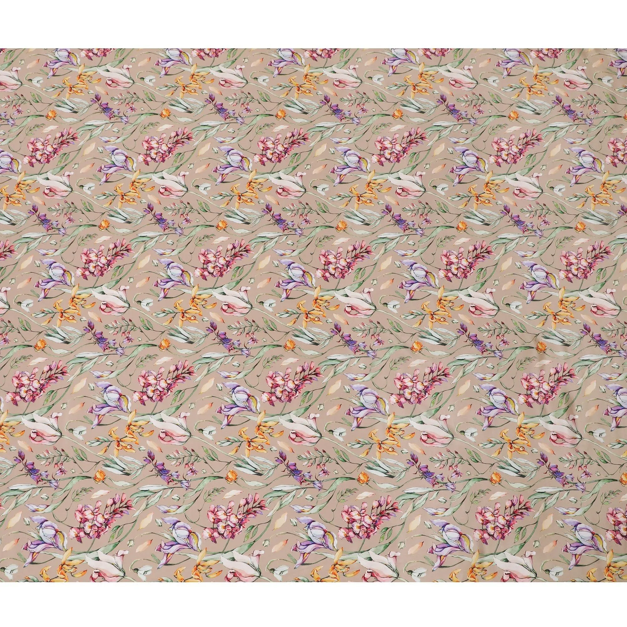 Latte beige viscose fabric with multicolor print in floral design-D12259