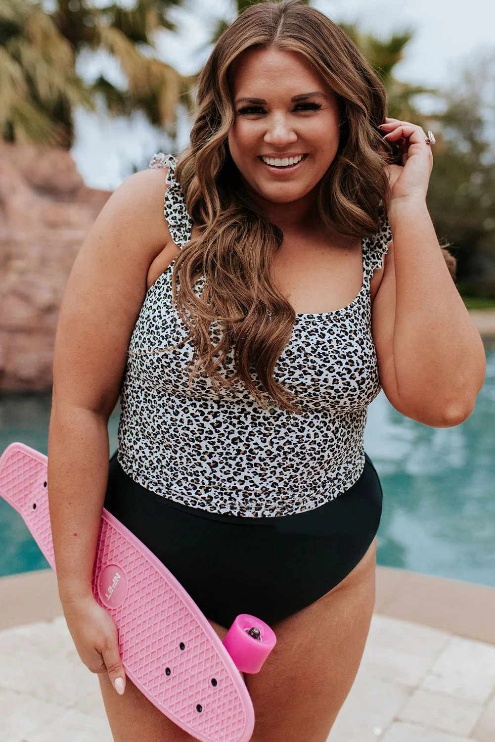 Leopard Flutter Crop Swim Top and Panty Plus Size Tankini