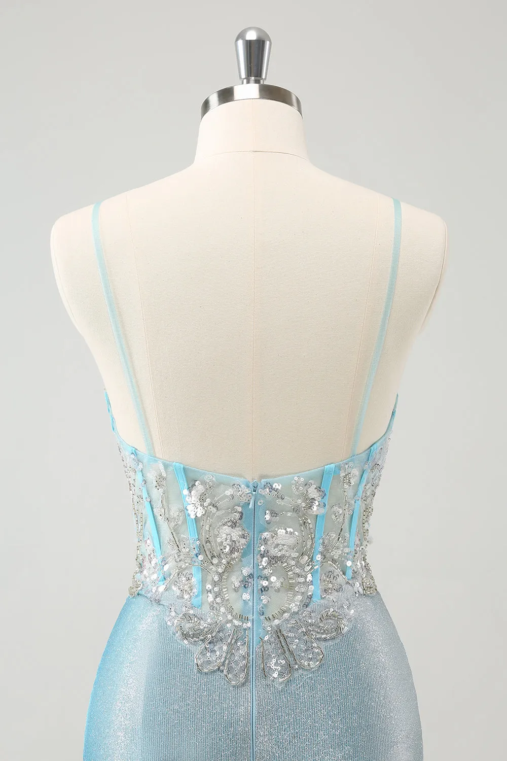 Light Blue Spaghetti Straps Tight Corset Short Homecoming Dress with Sequins