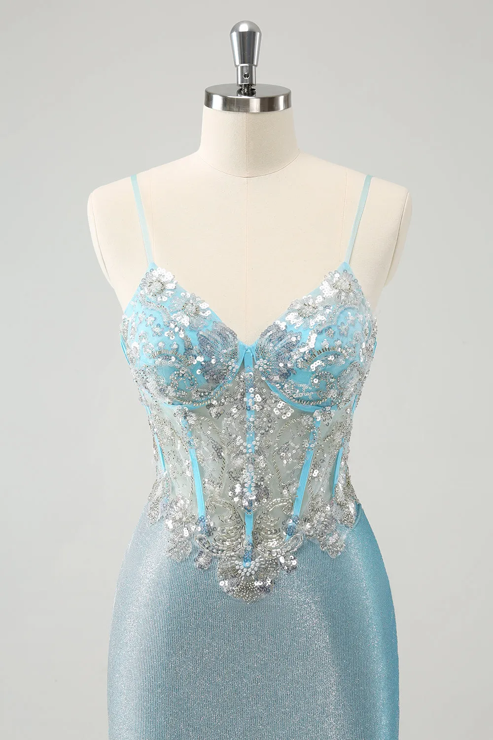 Light Blue Spaghetti Straps Tight Corset Short Homecoming Dress with Sequins