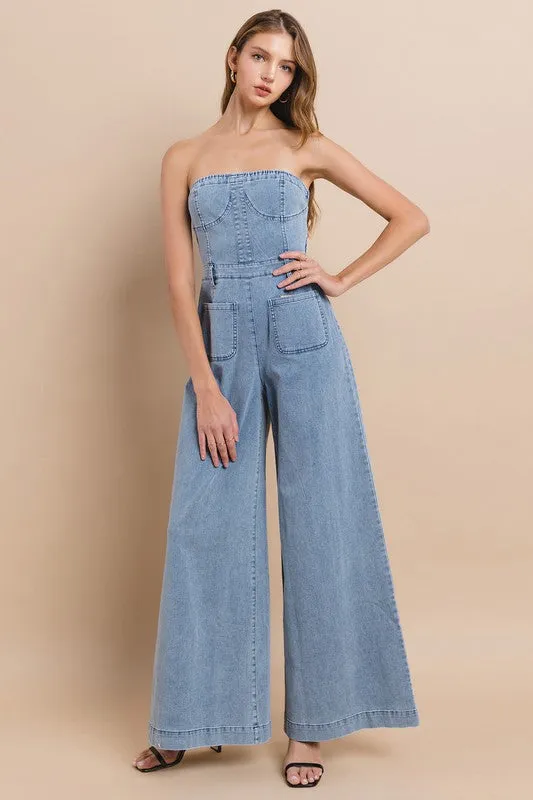 Light Denim Off Shoulder Wide Leg Denim Jumpsuit