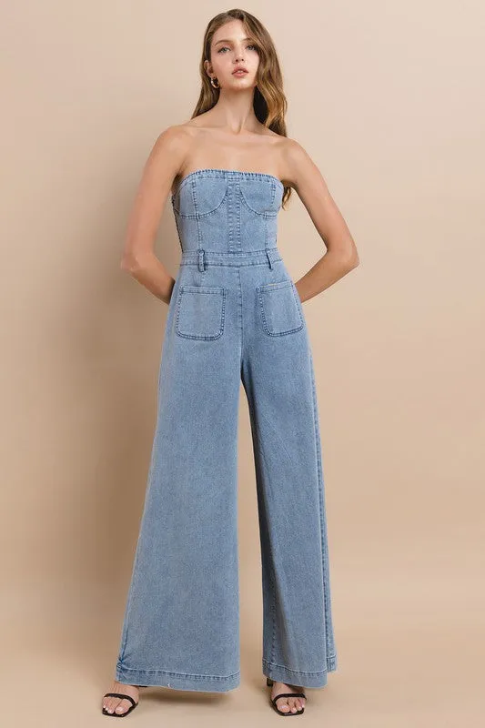 Light Denim Off Shoulder Wide Leg Denim Jumpsuit