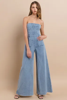 Light Denim Off Shoulder Wide Leg Denim Jumpsuit