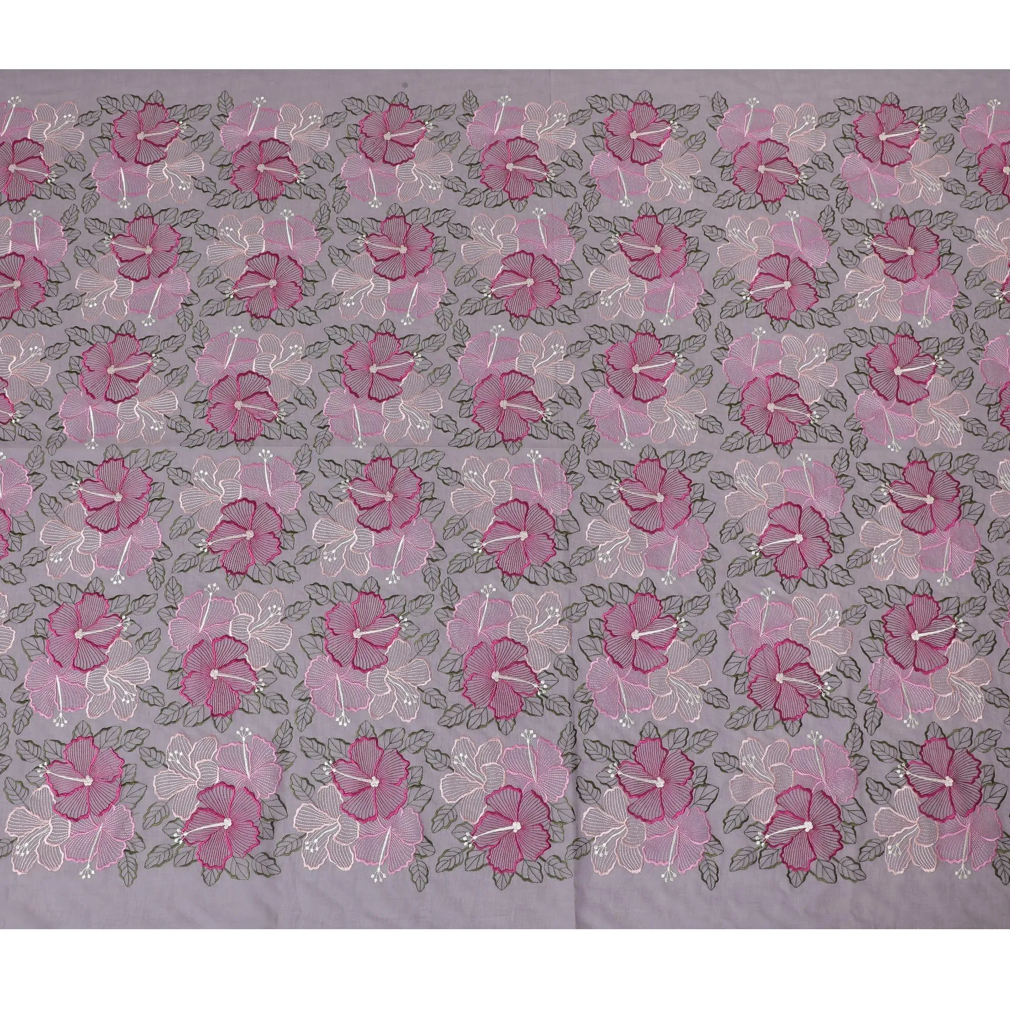 Light lavender Premium pure cotton voile fabric with magenta pink, oliv egreen, light pink and beige embroidery in floral design-D15249