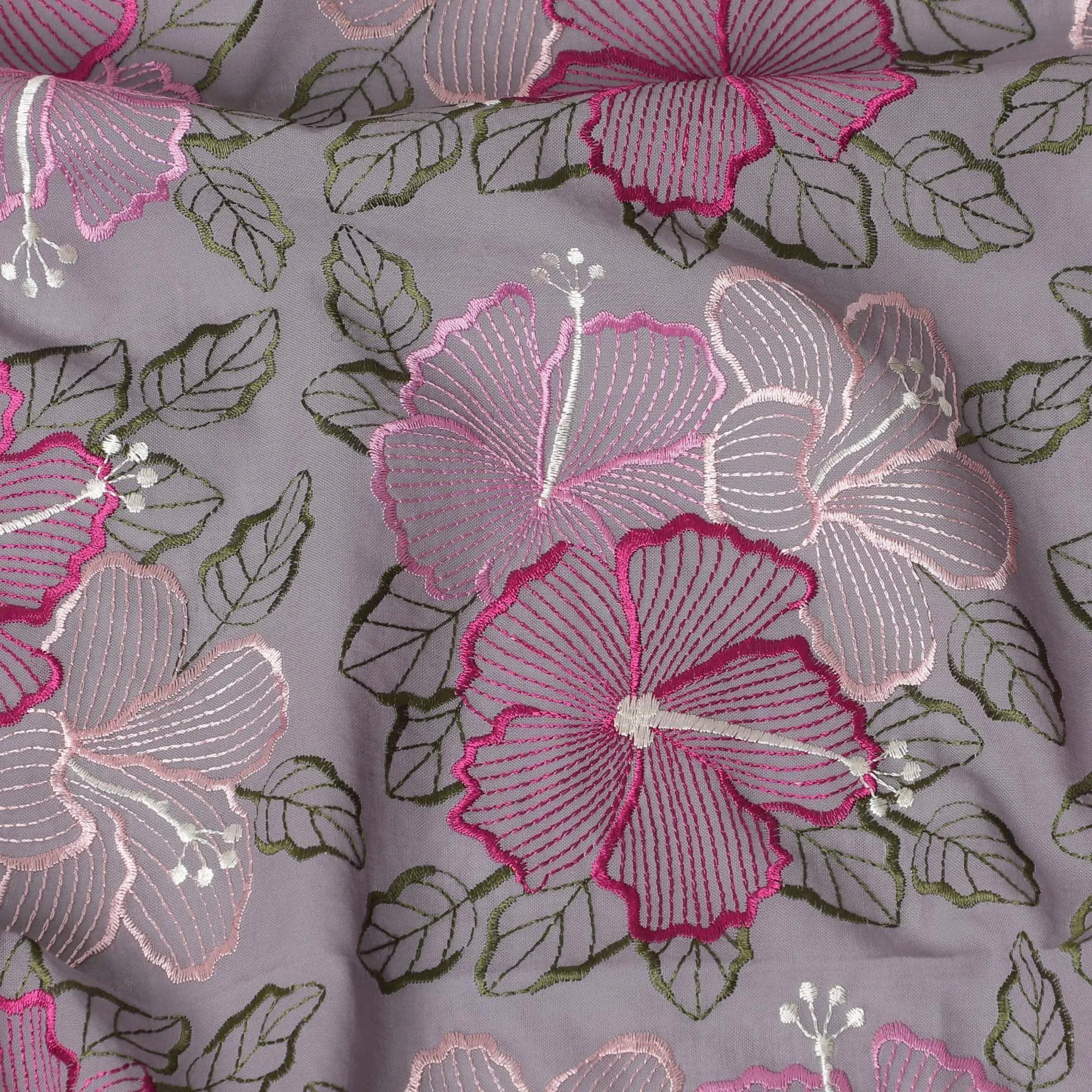 Light lavender Premium pure cotton voile fabric with magenta pink, oliv egreen, light pink and beige embroidery in floral design-D15249