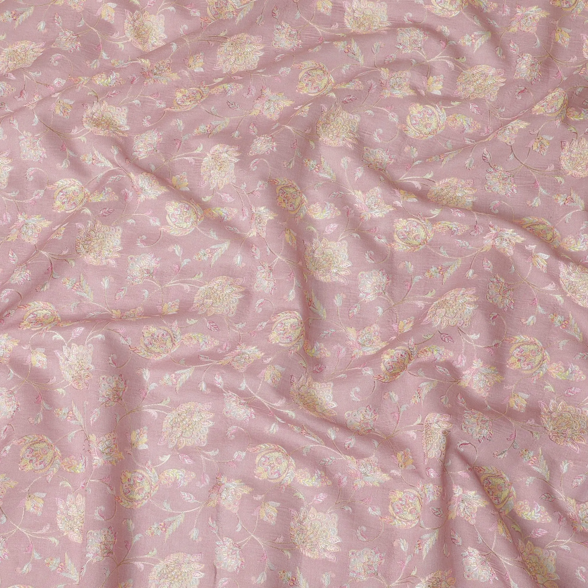 Light pink Premium pure cotton silk fabric with multicolor embroidery in floral design-D16862