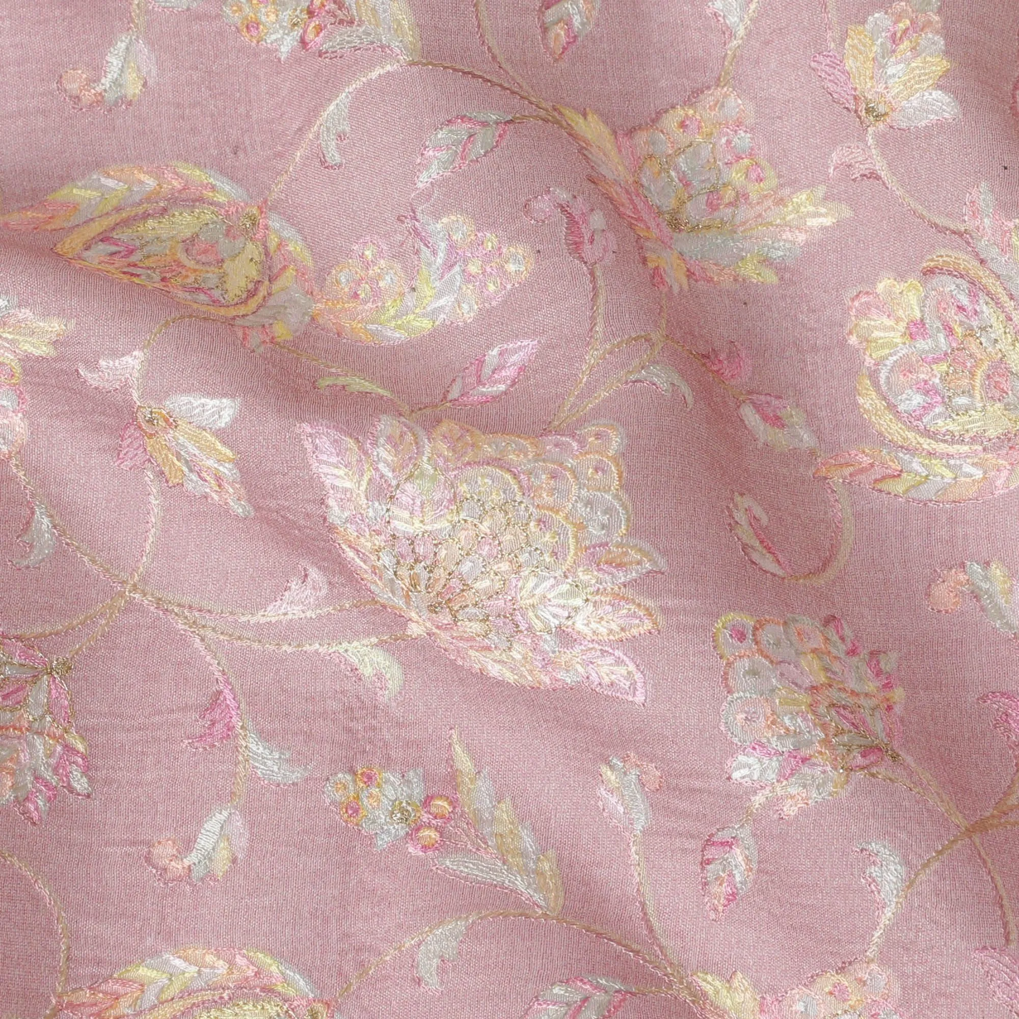 Light pink Premium pure cotton silk fabric with multicolor embroidery in floral design-D16862